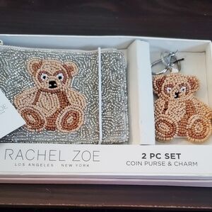 Rachel Zoe Silver and Tan Beaded Coin Purse & Charm Boxed Set